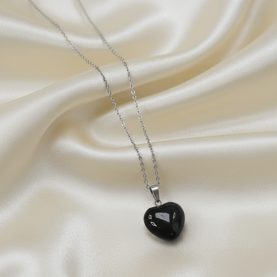 925 Sterling Silver Black Obsidian Heart Stone Pendant Small Link Chain Necklace - DP Online