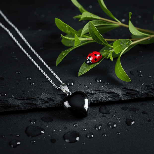 925 Sterling Silver Black Obsidian Heart Stone Pendant Small Link Chain Necklace - DP Online
