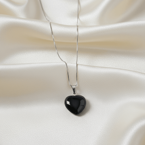 925 Sterling Silver Black Obsidian Heart Stone Pendant Thin Box Chain Necklace - DP Online