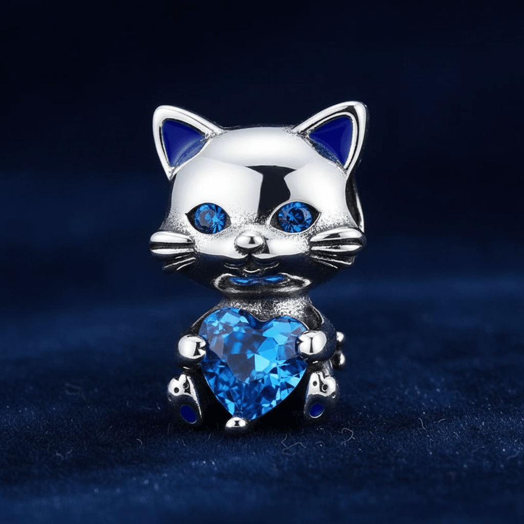 925 Sterling Silver Blue Heart Cat Bracelet Charm - DP Online