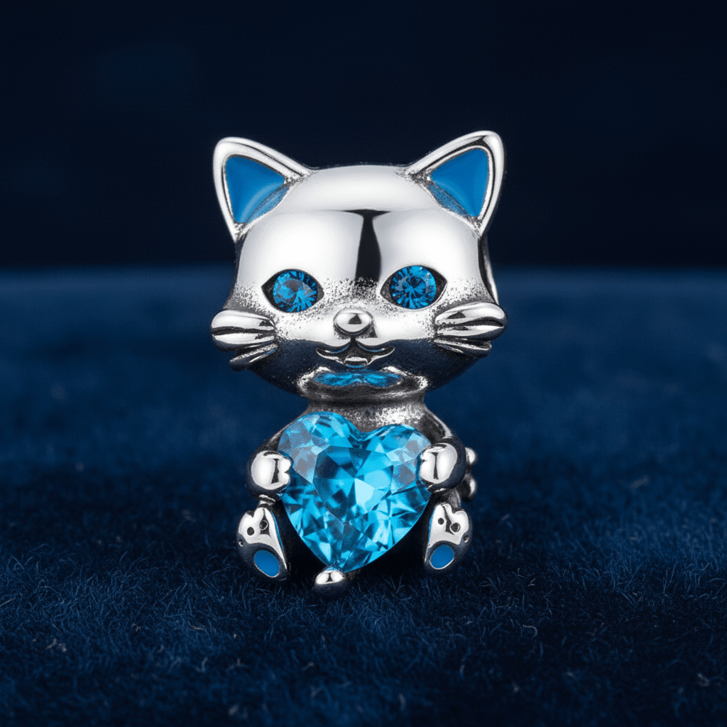 925 Sterling Silver Blue Heart Cat Bracelet Charm - DP Online