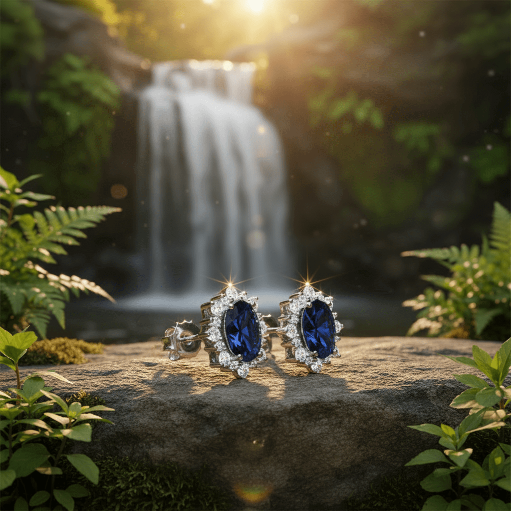 925 Sterling Silver Blue Sapphire & Cubic Zirconia Oval Cluster Stud Earrings - DP Online
