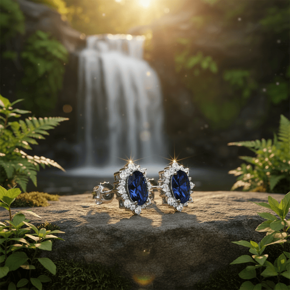 925 Sterling Silver Blue Sapphire & Cubic Zirconia Oval Cluster Stud Earrings - DP Online