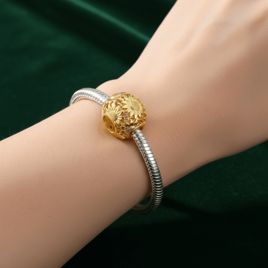 925 Sterling Silver Electrised Gold Sunflower Bead Bracelet Charm - DP Online