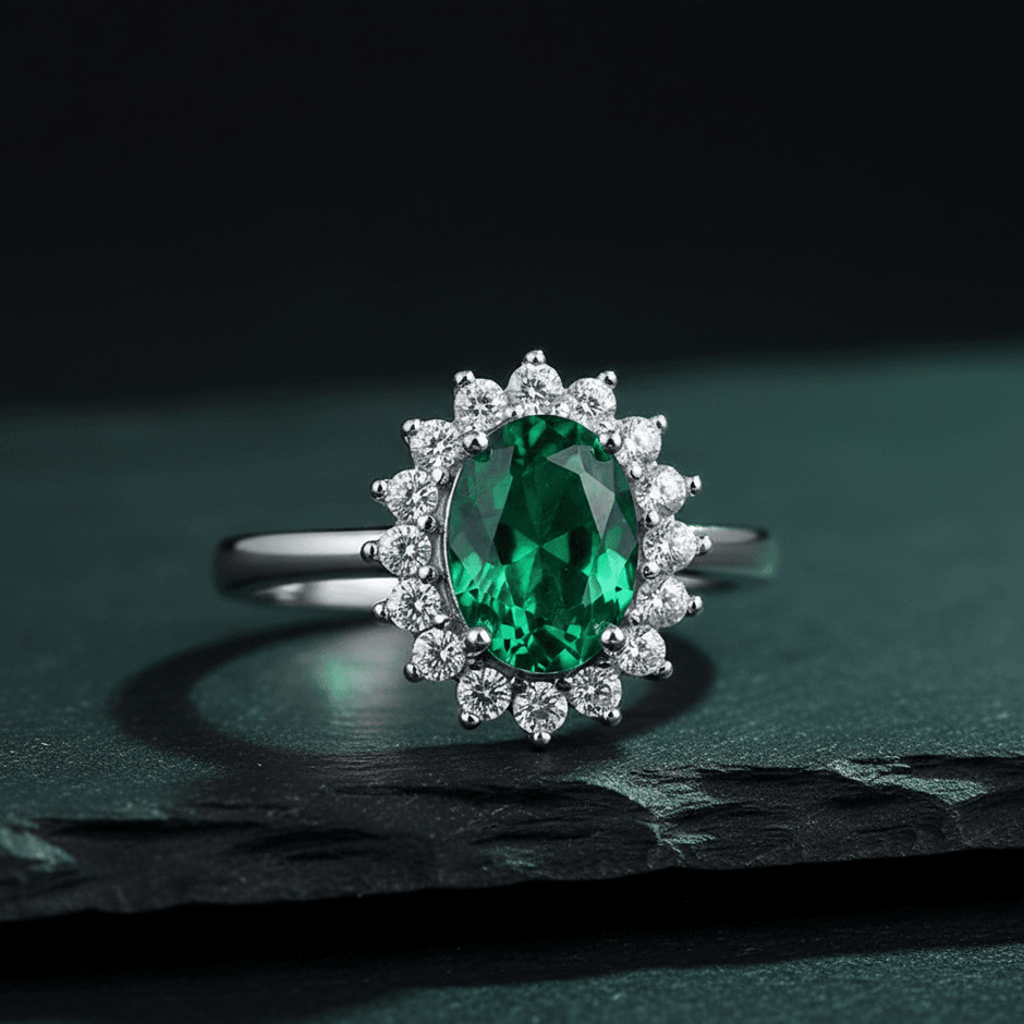 925 Sterling Silver Emerald Cubic Zirconia Cluster Ring - DP Online