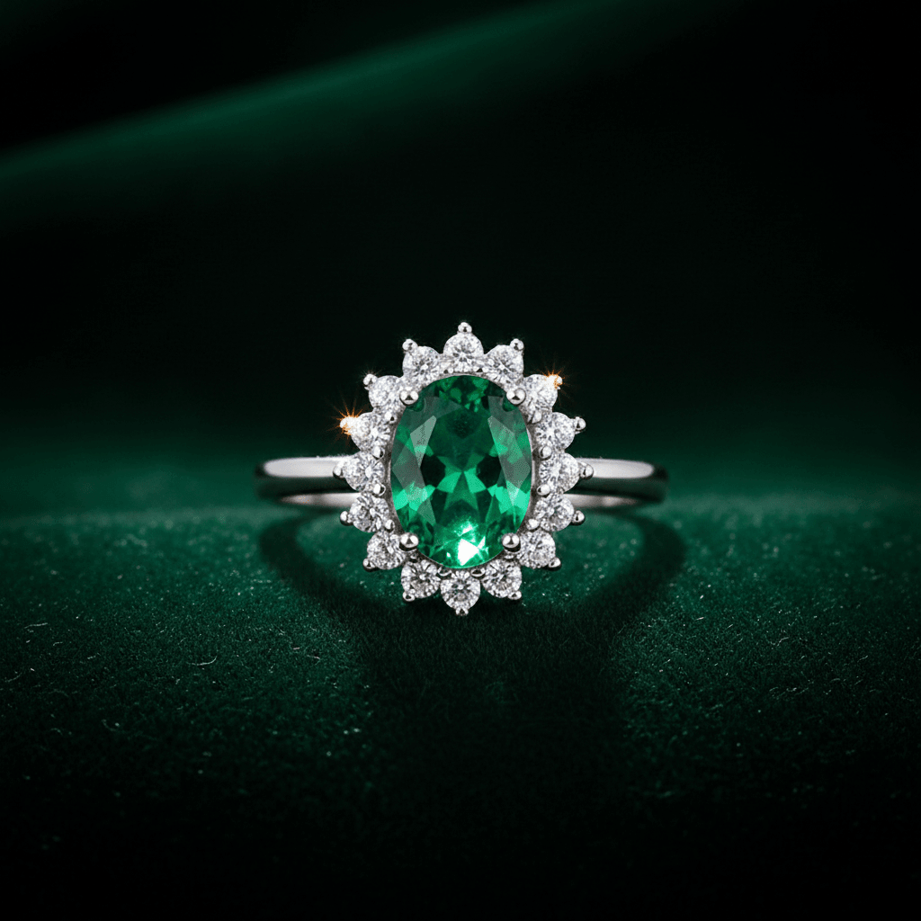 925 Sterling Silver Emerald Cubic Zirconia Cluster Ring - DP Online