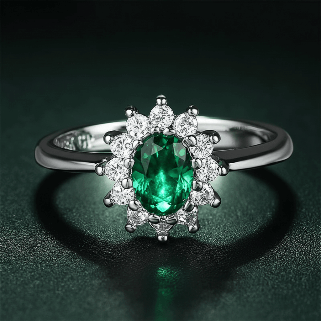 925 Sterling Silver Emerald Cubic Zirconia Cluster Ring - DP Online