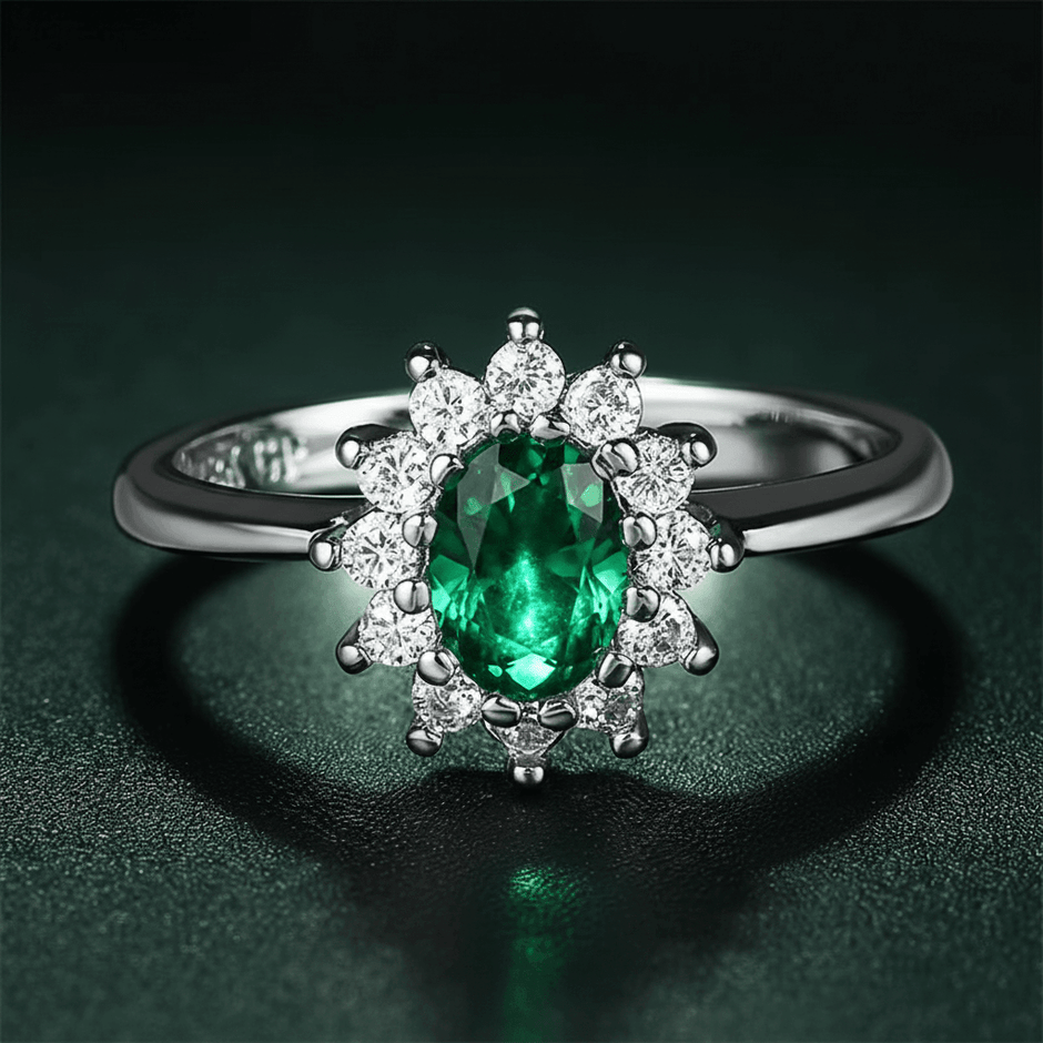 925 Sterling Silver Emerald Cubic Zirconia Cluster Ring - DP Online