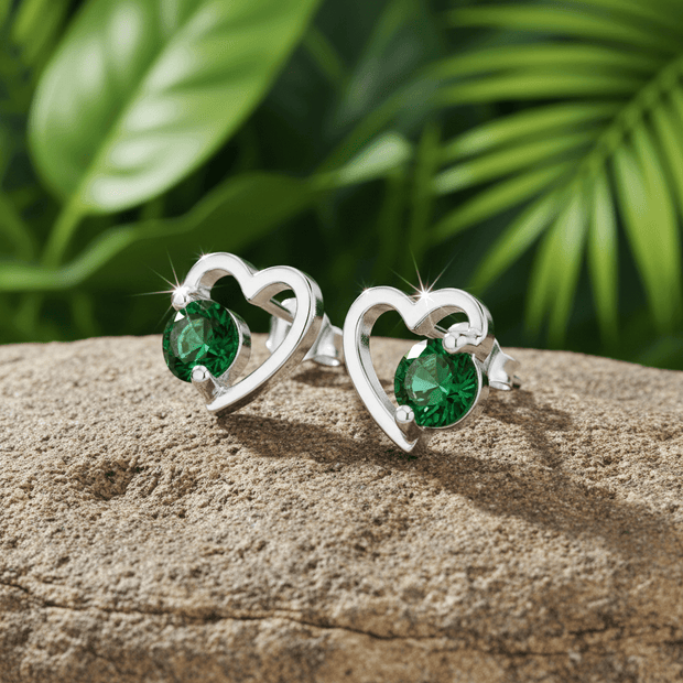 925 Sterling Silver Emerald Cubic Zirconia Open Heart Stud Earrings - DP Online