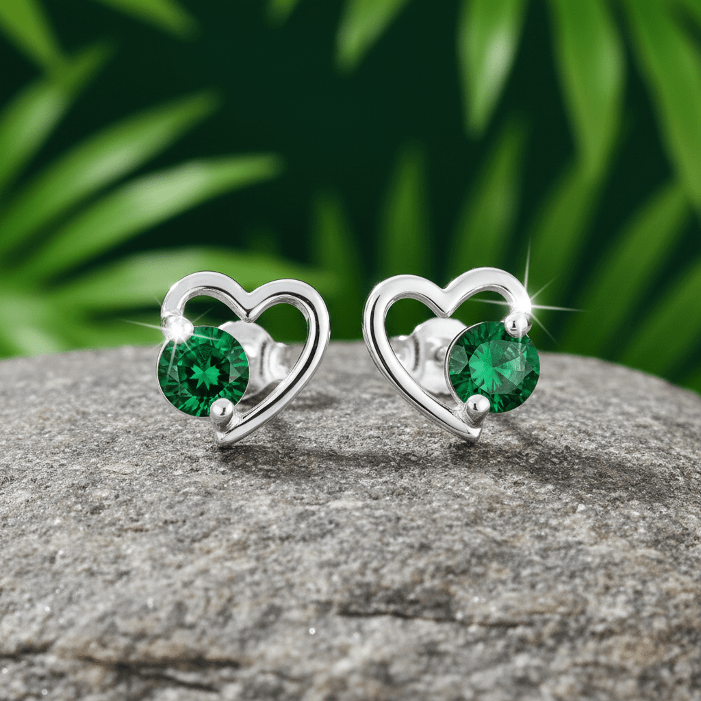 925 Sterling Silver Emerald Cubic Zirconia Open Heart Stud Earrings - DP Online