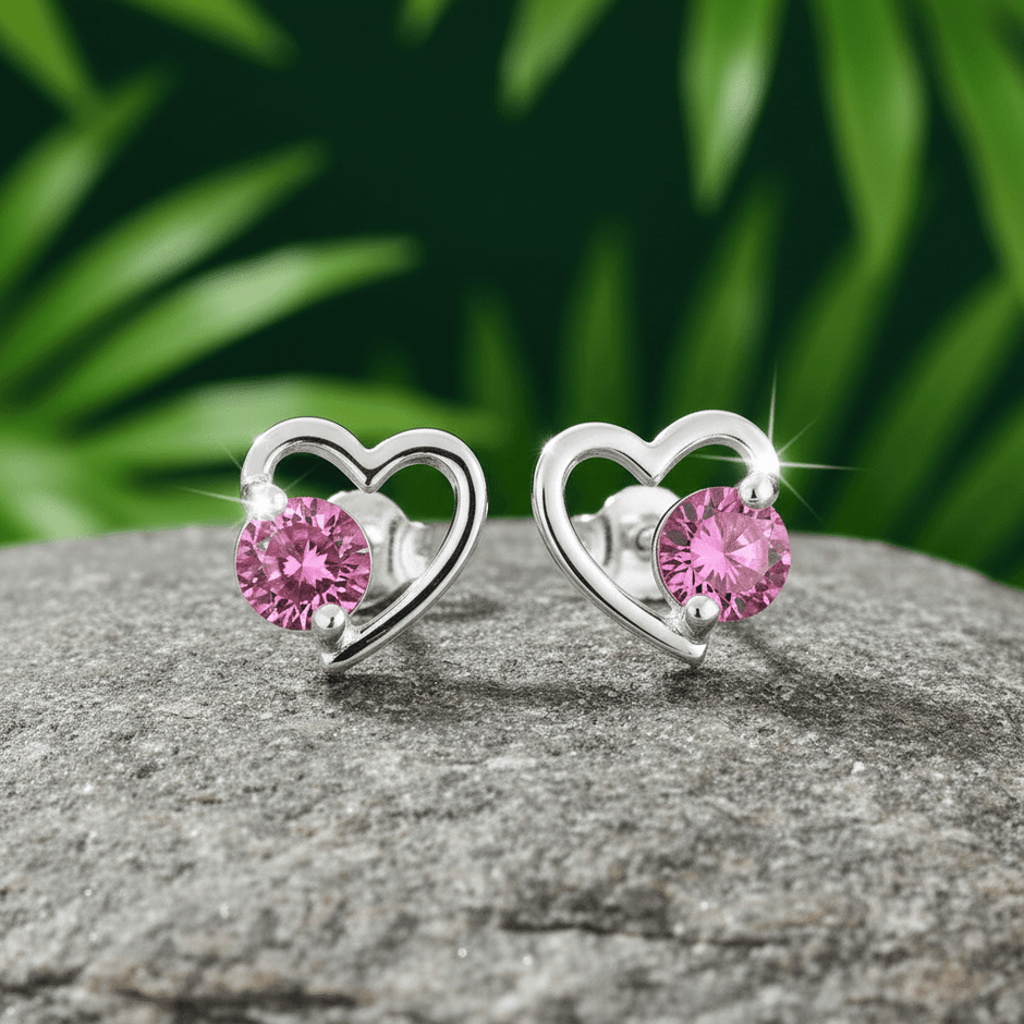 925 Sterling Silver Pink CZ Open Heart Stud Earrings 