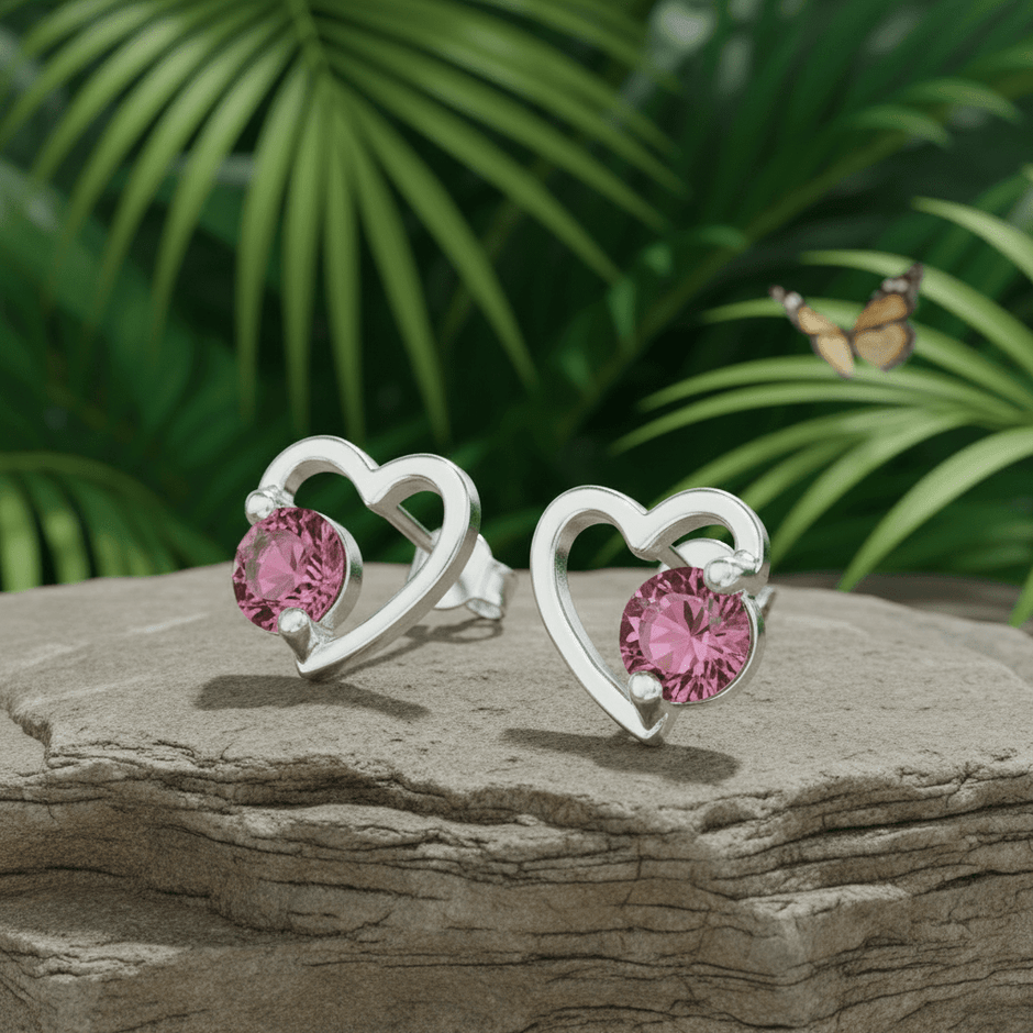 925 Sterling Silver Pink CZ Open Heart Stud Earrings 