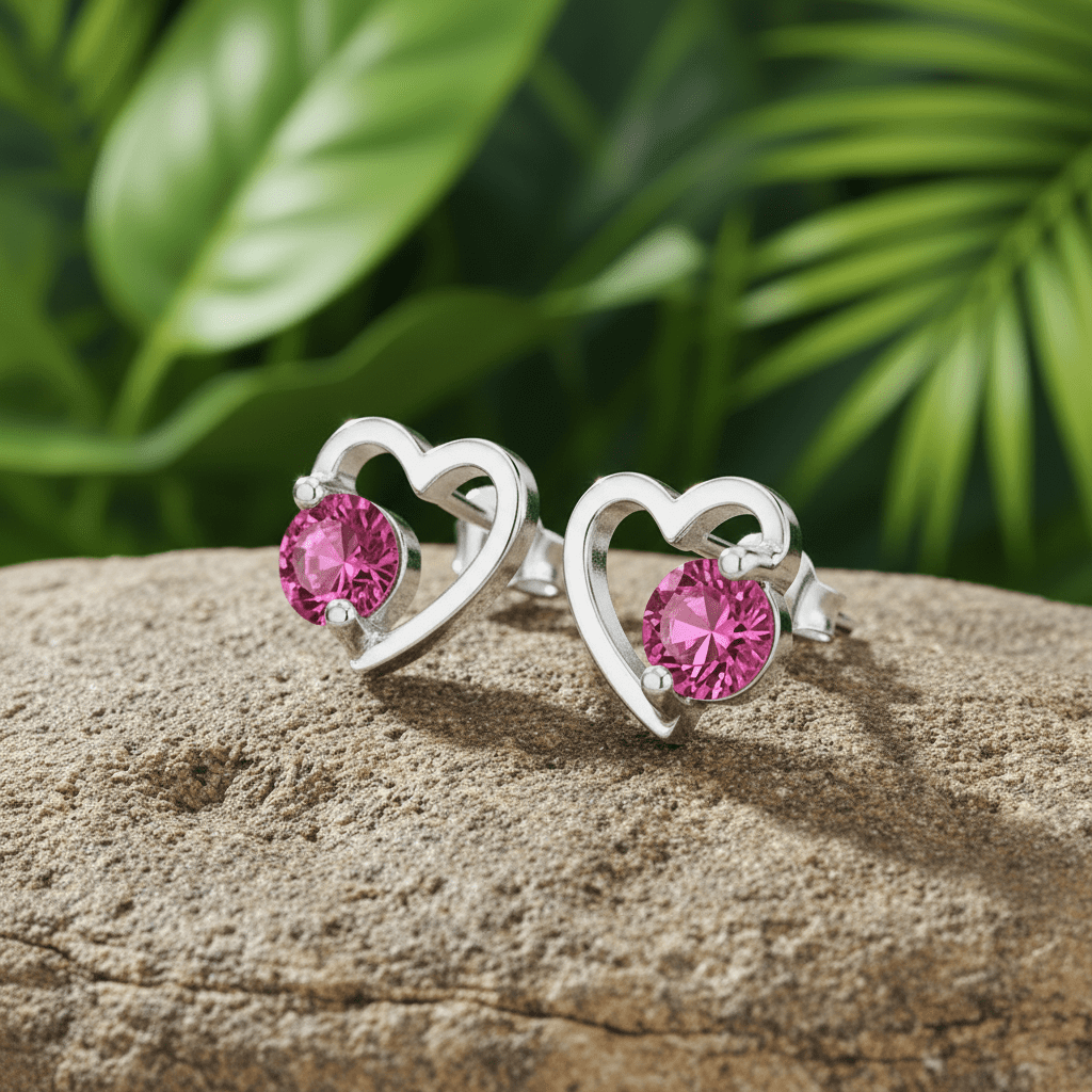 925 Sterling Silver Pink CZ Open Heart Stud Earrings 