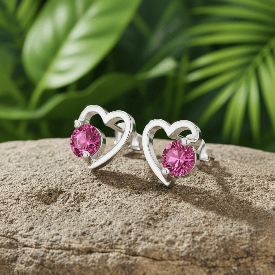 925 Sterling Silver Pink CZ Open Heart Stud Earrings 
