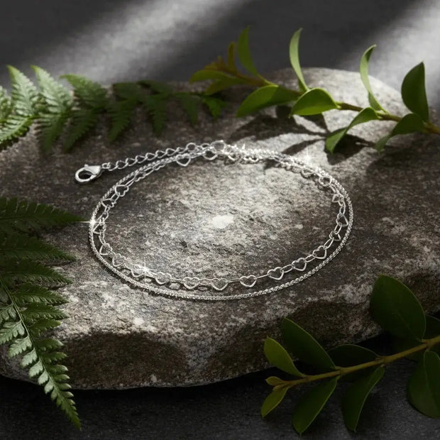 9.8" 25cm Italian 925 Sterling Silver Heart Strand & Rope Anklet - DP Online