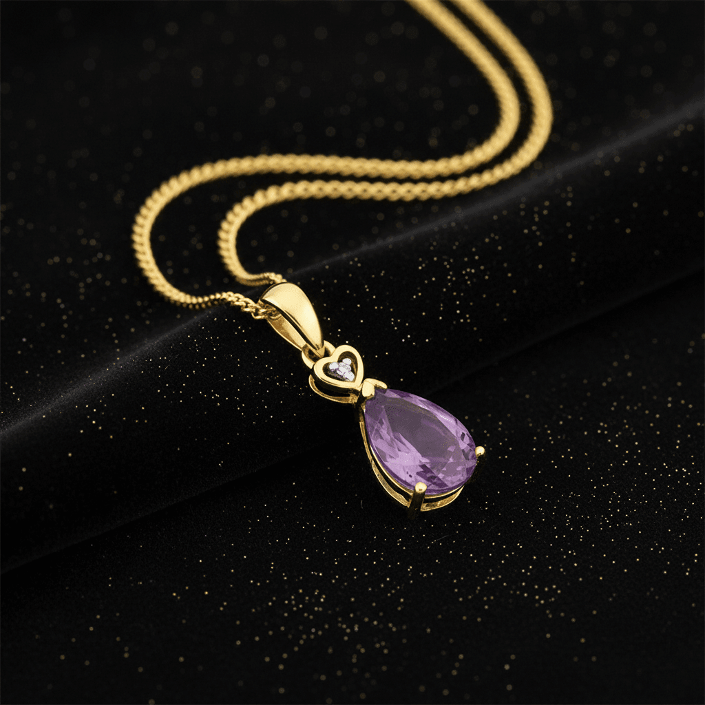 9ct Gold Amethyst & Diamond Pear Pendant Necklace - DP Online