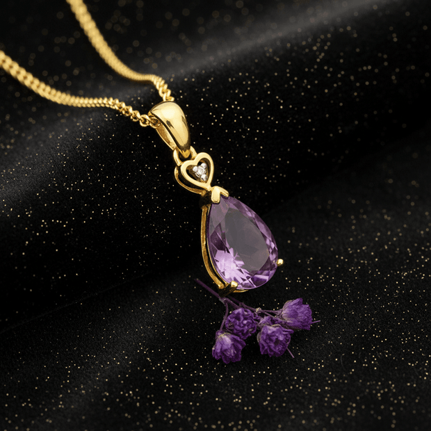 9ct Gold Amethyst & Diamond Pear Pendant Necklace - DP Online