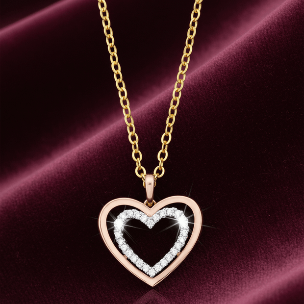 9ct Rose & White Gold with Round Brilliant Cut Diamond Tricolour Heart Pendant Necklace - DP Online