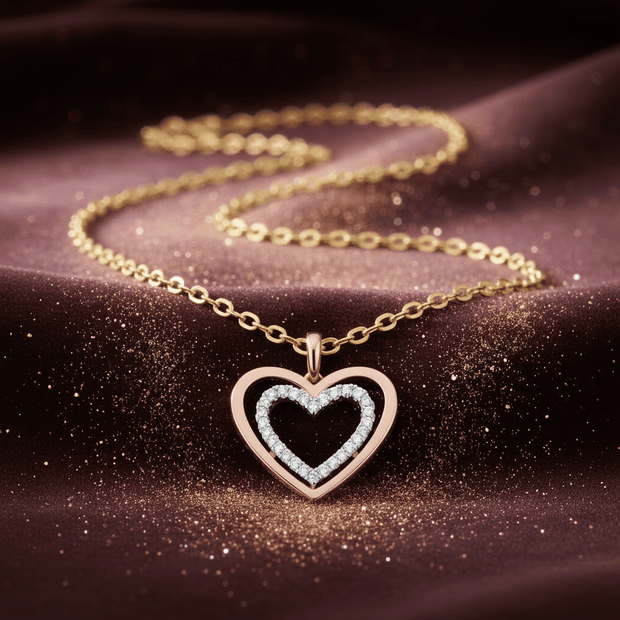 9ct Rose & White Gold with Round Brilliant Cut Diamond Tricolour Heart Pendant Necklace - DP Online