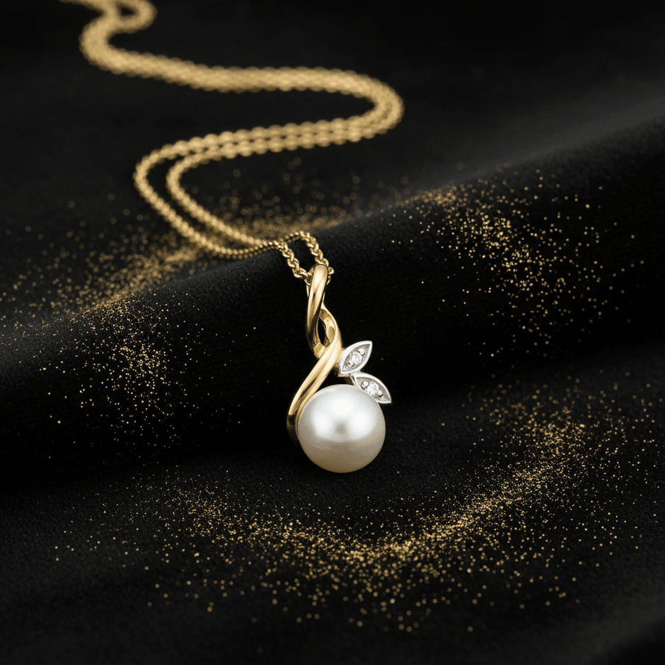 9ct Two Tone Gold Freshwater Pearl & Diamond Pendant Necklace