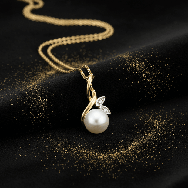 9ct Two Tone Gold 6.5mm Freshwater Pearl & Diamond Set Pendant Necklace - DP Online
