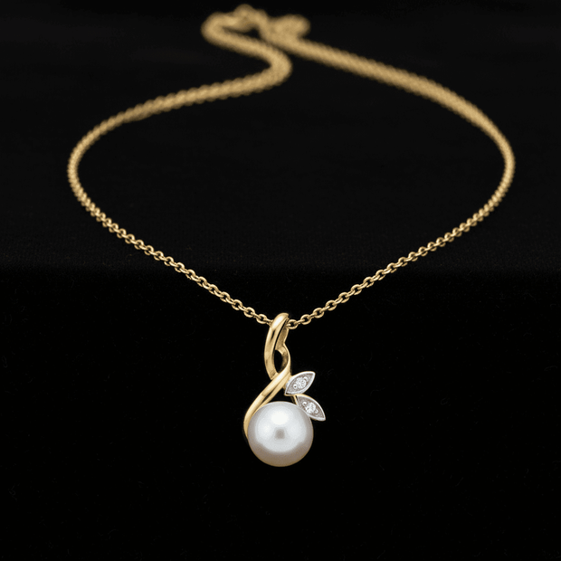 9ct Two Tone Gold 6.5mm Freshwater Pearl & Diamond Set Pendant Necklace - DP Online
