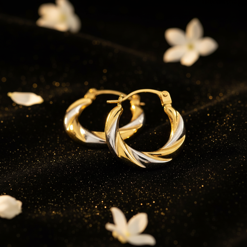 9ct Two Tone Gold Patterned Hoops – Gold Dust + Florals