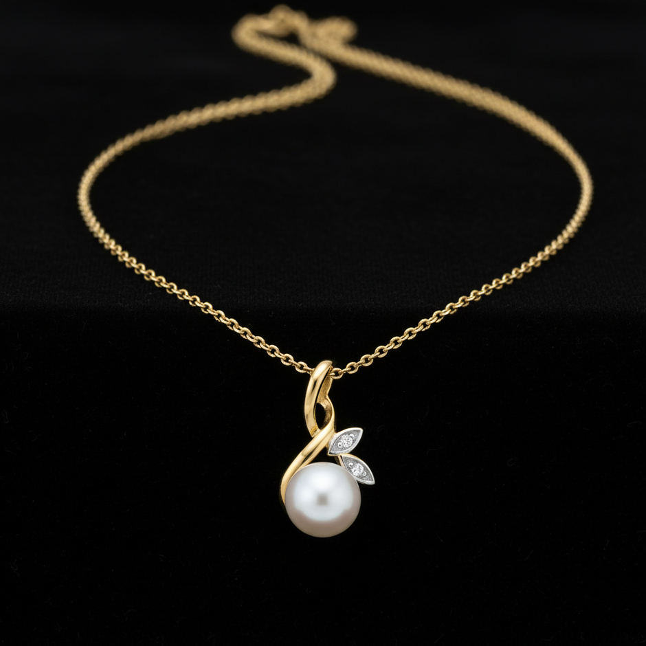 9ct Two Tone Gold Pearl Diamond Pendant — V1 Clean