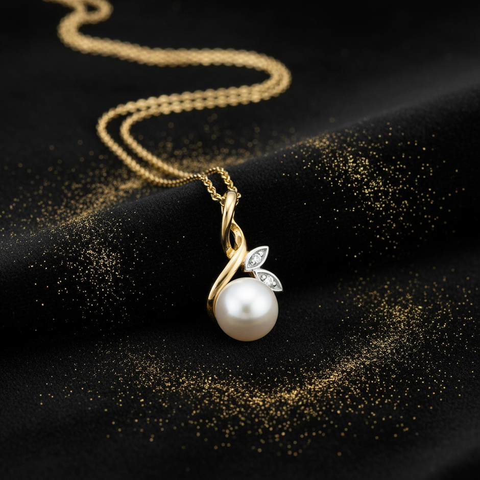 9ct Two Tone Gold Pearl Diamond Pendant — V2 Gold Dust