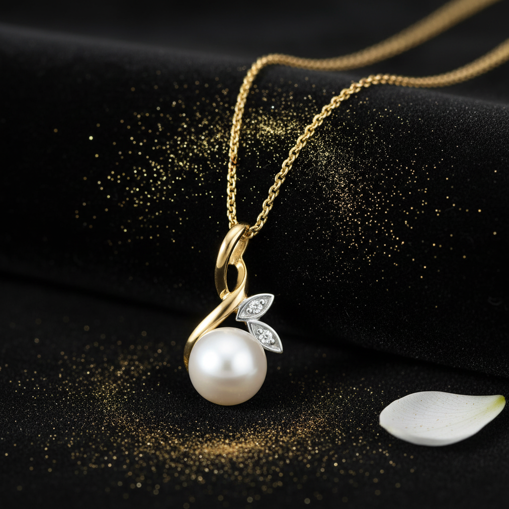9ct Two Tone Gold Pearl Diamond Pendant — V3 Gold Dust + Floral