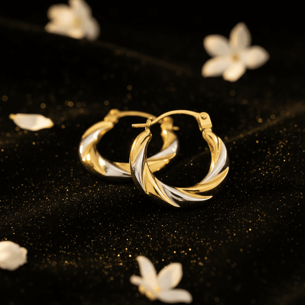 9ct Two Tone Yellow & White Gold Patterned Hoop Earrings - DP Online