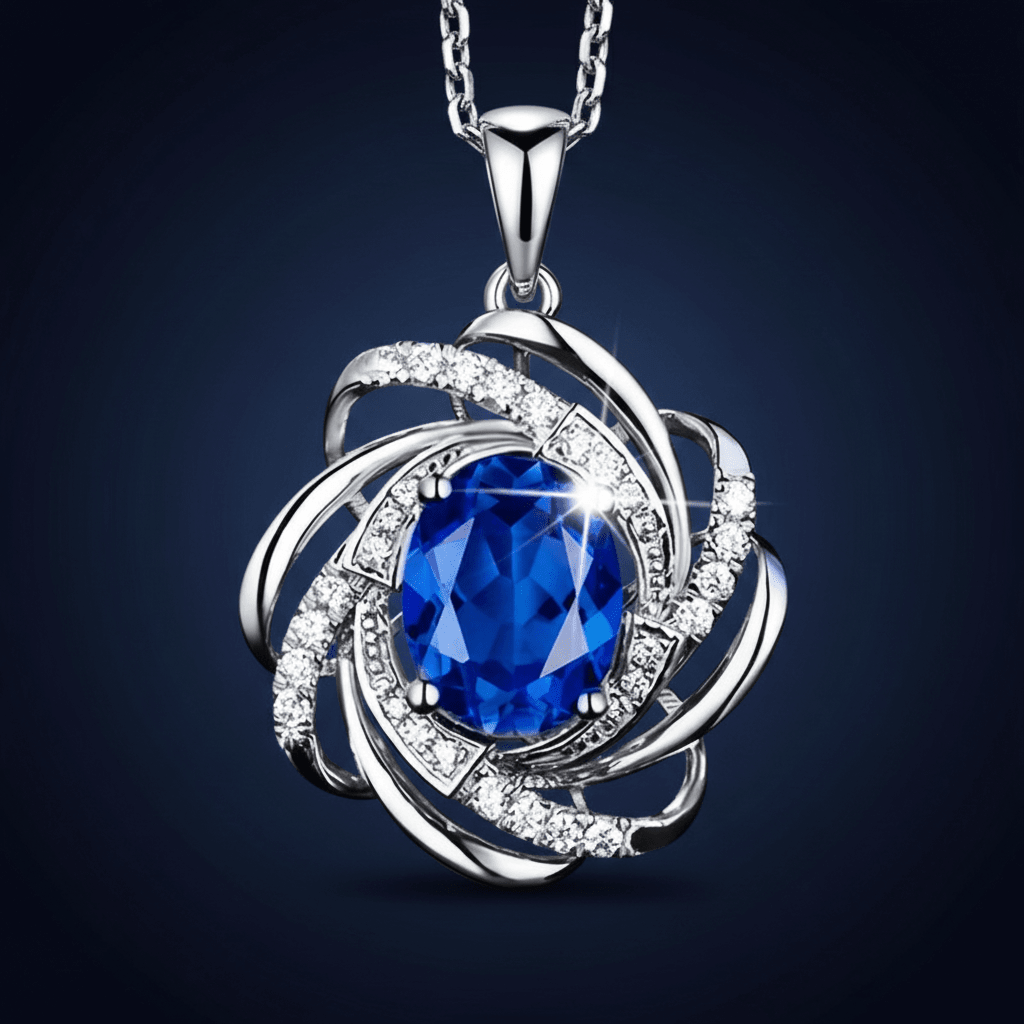 9ct White Gold Blue Cubic Zirconia Sapphire Pendant Chain