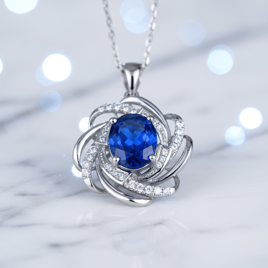 9ct White Gold Blue Cubic Zirconia Sapphire Pendant Chain