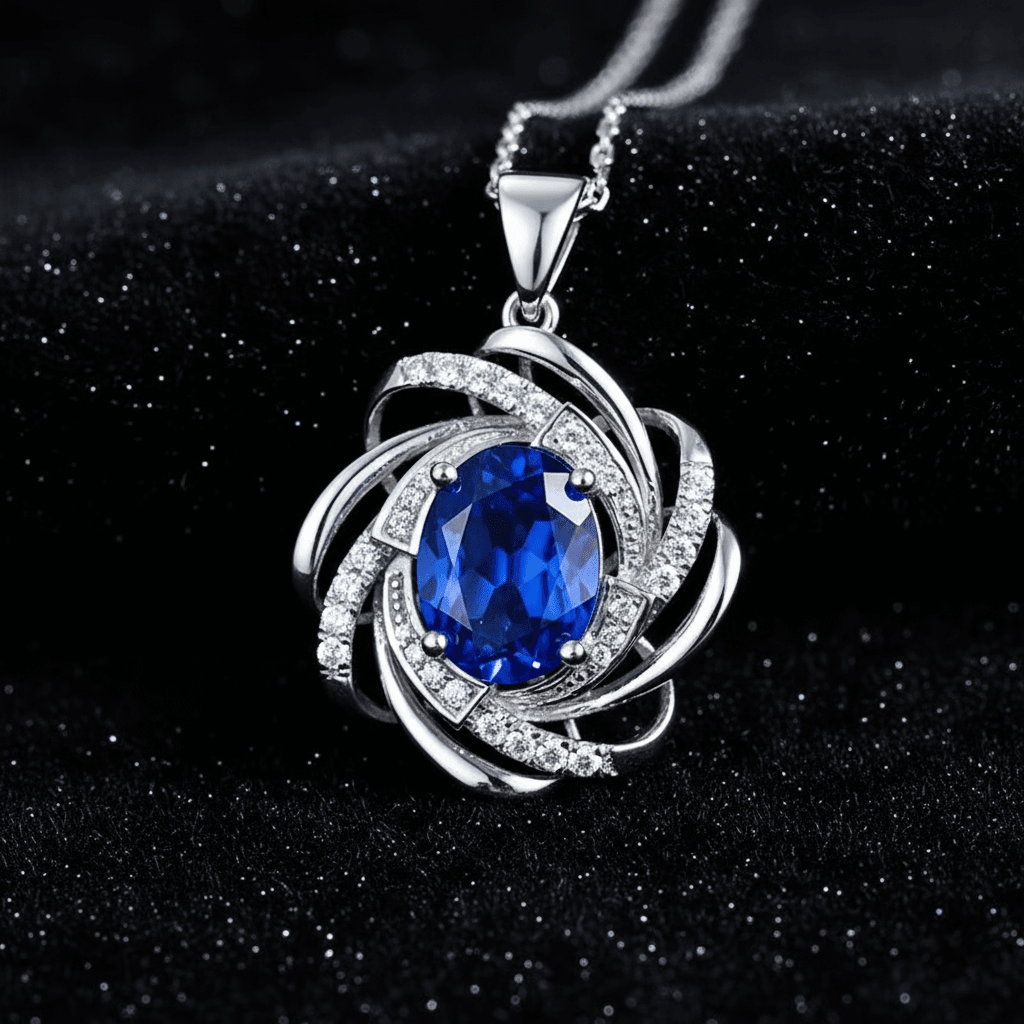 9ct White Gold Blue Cubic Zirconia Sapphire Pendant Chain