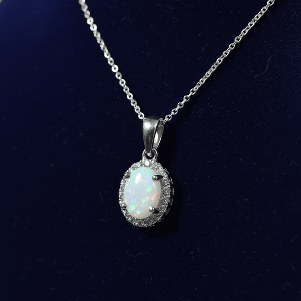 9ct White Gold Natural White Opal and Diamond Pendant Necklace - DP Online