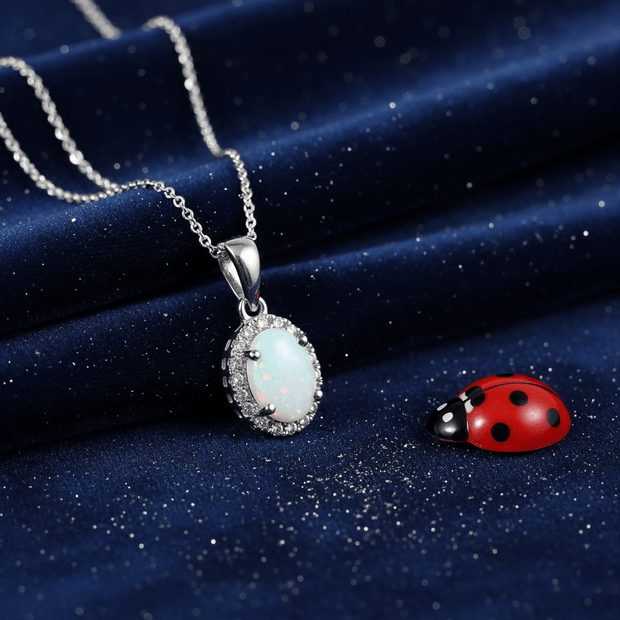 9ct White Gold Natural White Opal and Diamond Pendant Necklace - DP Online