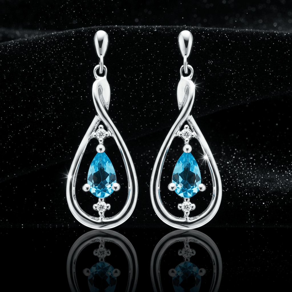 9ct White Gold Pear Cut Blue Topaz & Diamond Set Drop Earrings - DP Online