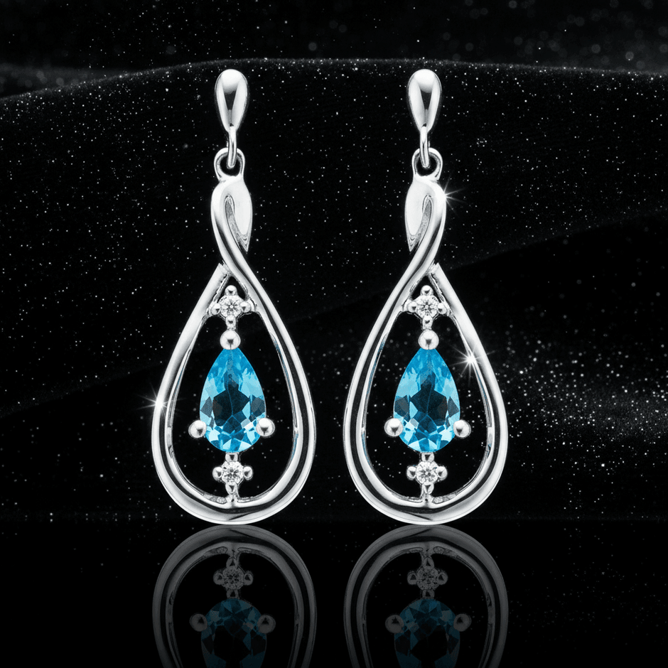 9ct White Gold Pear Cut Blue Topaz & Diamond Set Drop Earrings - DP Online