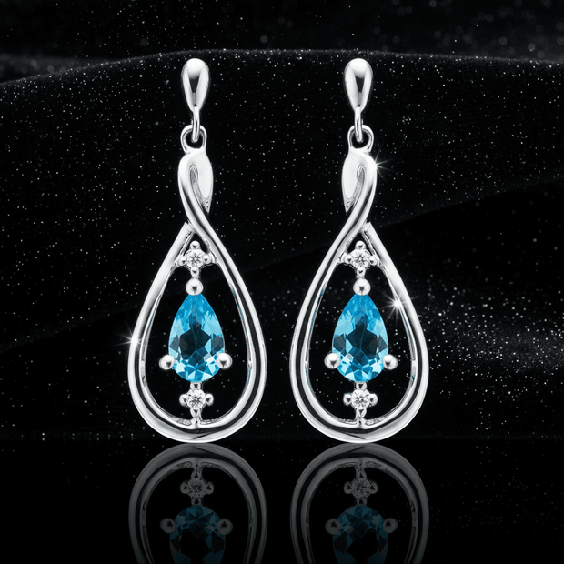 9ct White Gold Pear Cut Blue Topaz & Diamond Set Drop Earrings - DP Online