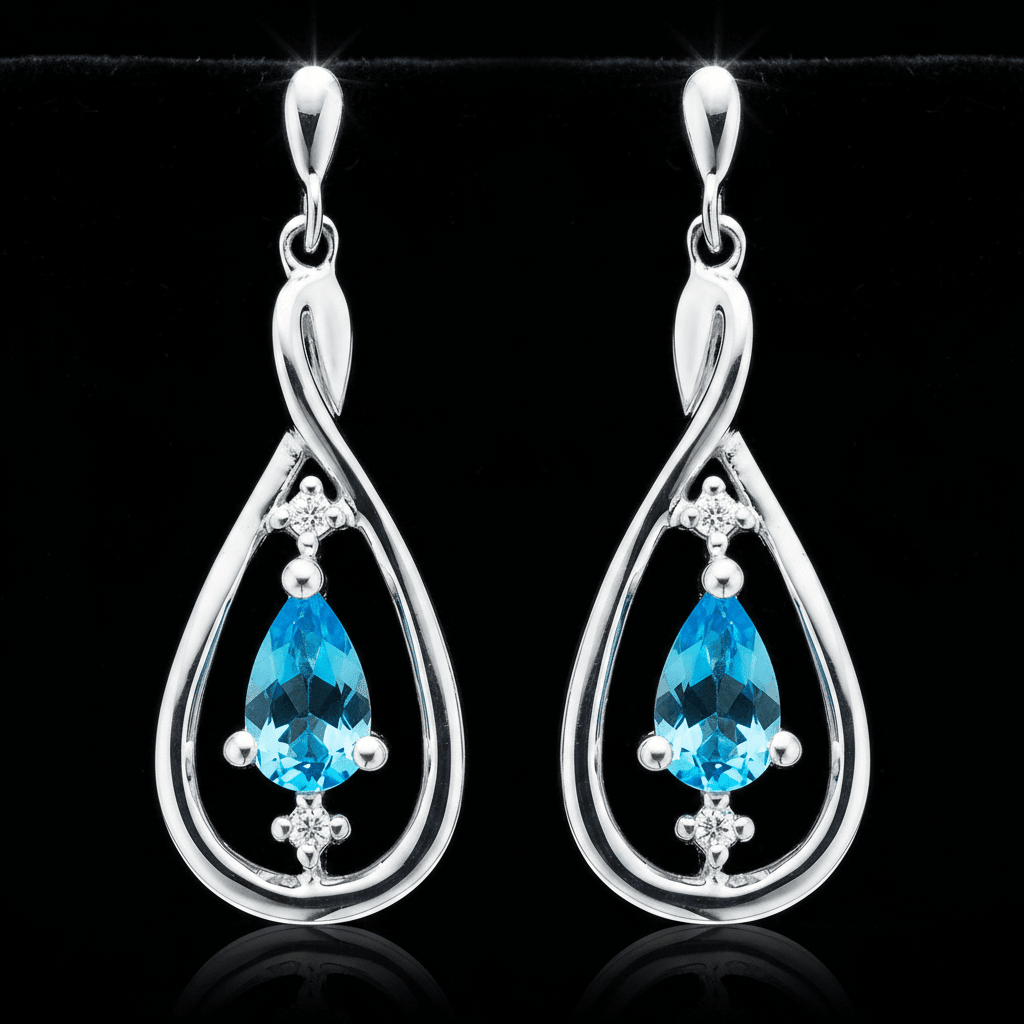 9ct White Gold Pear Cut Blue Topaz & Diamond Set Drop Earrings - DP Online