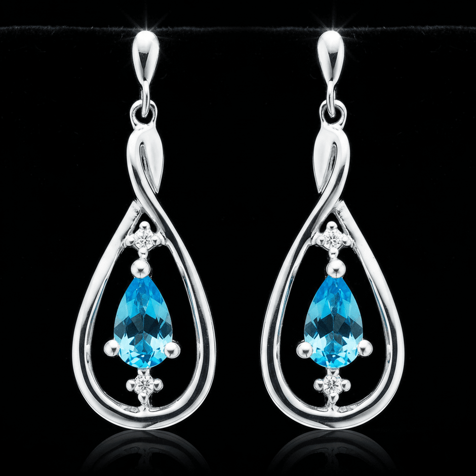 9ct White Gold Pear Cut Blue Topaz & Diamond Set Drop Earrings - DP Online