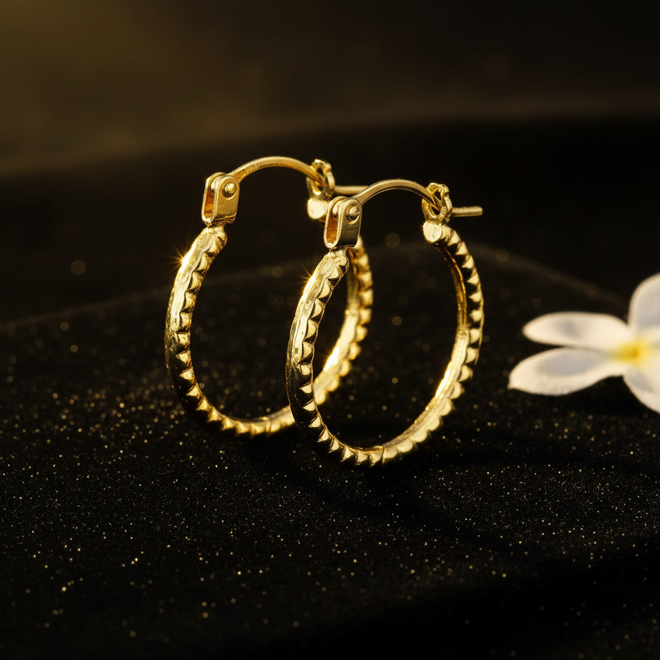 9ct Yellow Gold Textured Hoops – V3 Pair