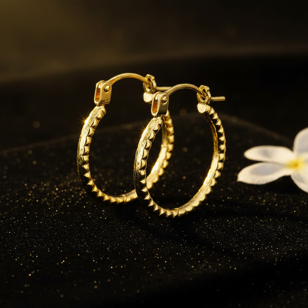 9ct Yellow Gold Textured Hoops – V3 Pair