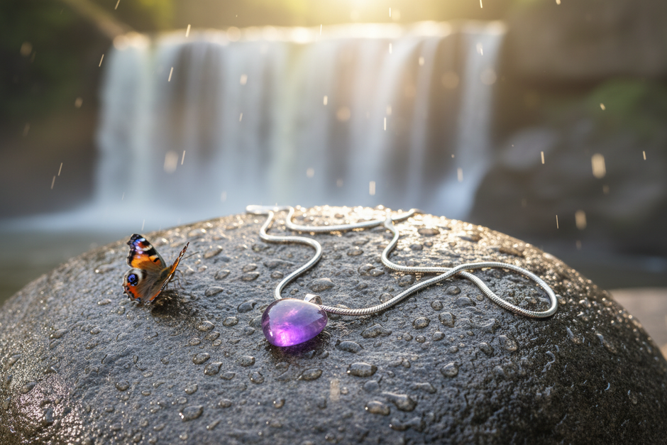 Amethyst heart on sterling silver snake chain waterfall scene