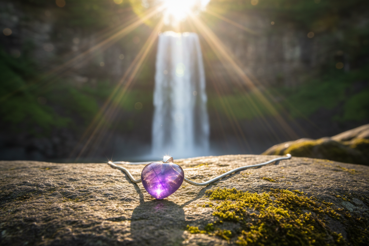 Amethyst heart pendant on rock with waterfall and sunlight