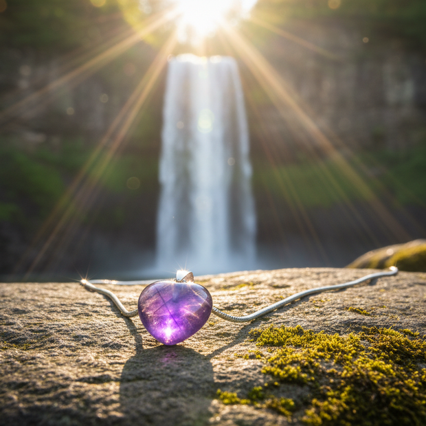Amethyst heart pendant on rock with waterfall and sunlight