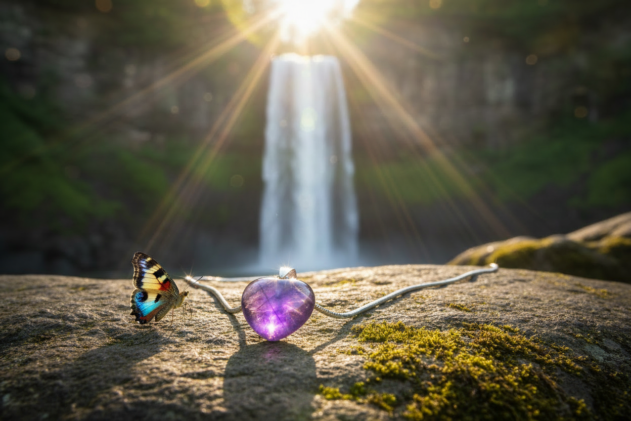 Amethyst heart pendant with butterfly on rock by waterfall