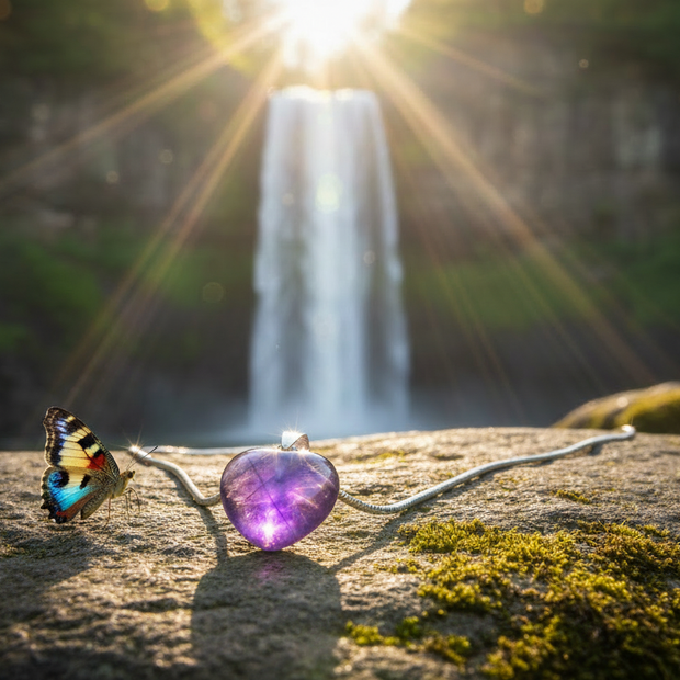 Amethyst heart pendant with butterfly on rock by waterfall