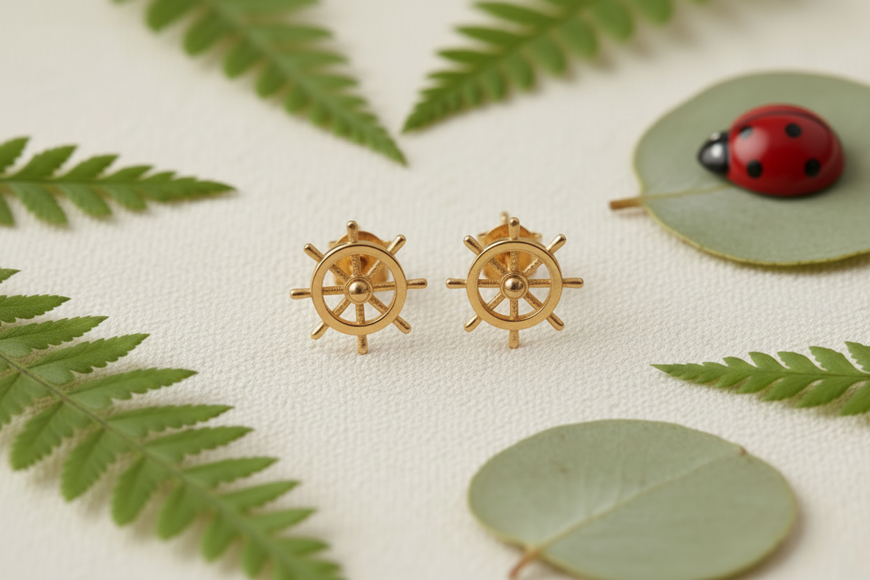 Angled view of 9ct gold ship wheel earrings with greenery and ladybug