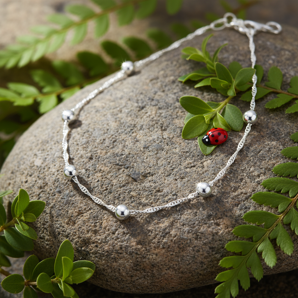 Anklet on rock with greenery, ladybug and sparkle